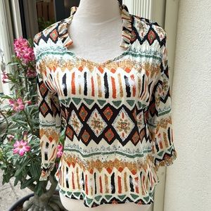 TULLE! Silky/Satin blouse, Southwestern pattern. Vibrant colors. Ruffles…